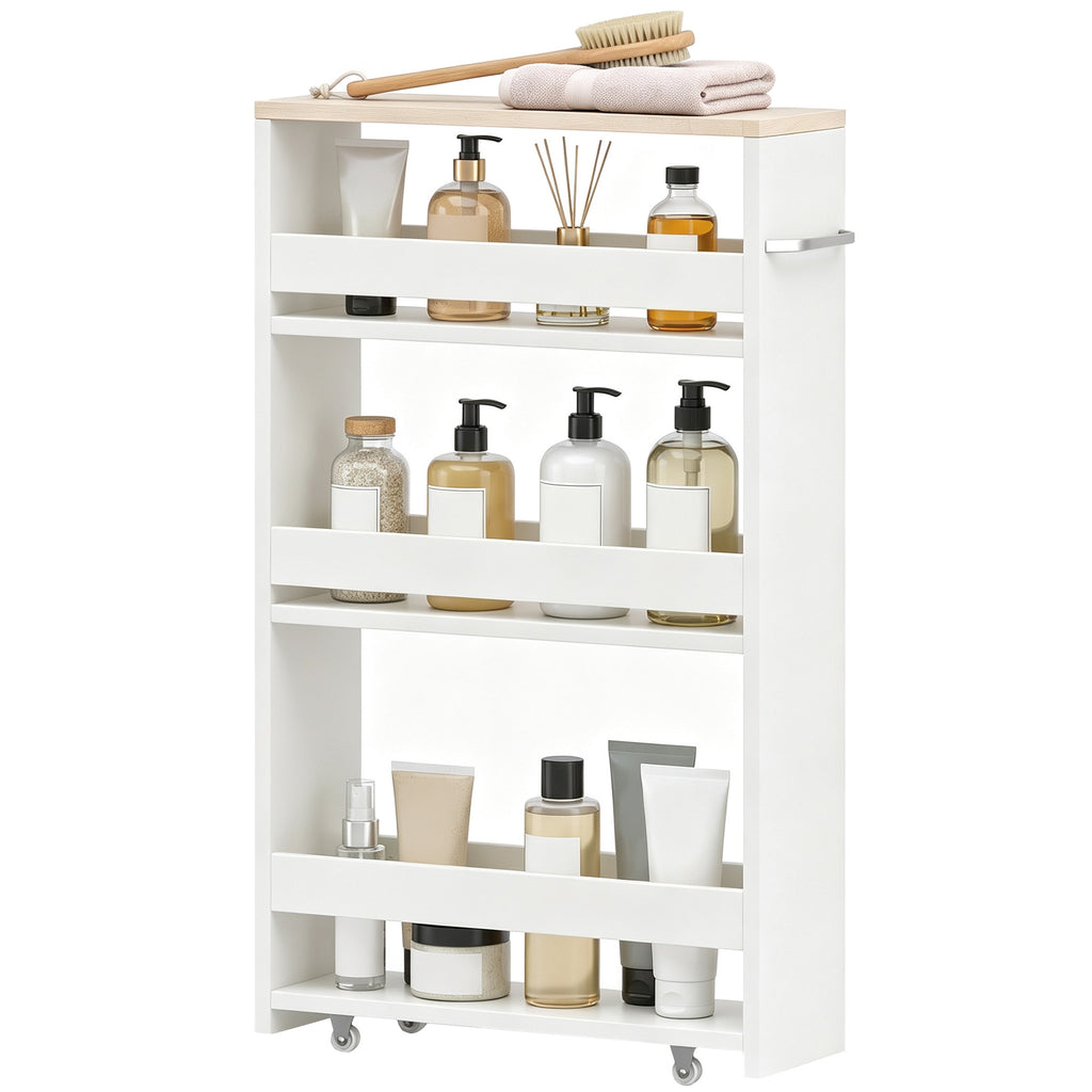 Chariot de rangement à 3 niveaux chariot de stockage étagère sur roulettes pour cuisine étroite salle de bain buanderie bureau avec poignée - 48 x 15 x 80 cm blanc
