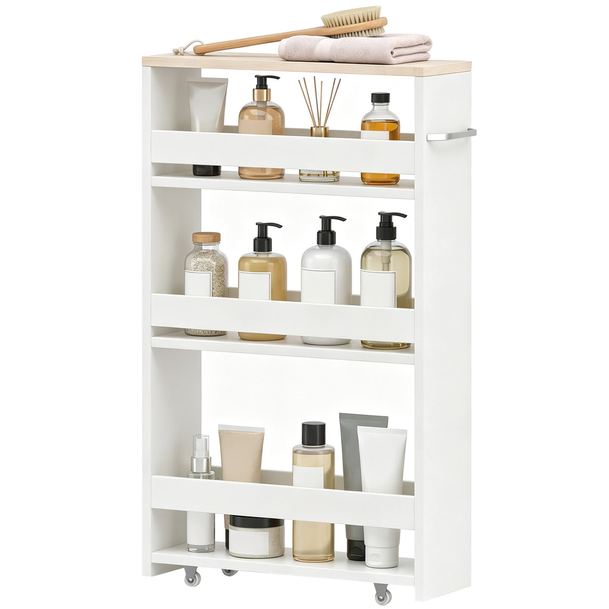 Chariot de rangement à 3 niveaux chariot de stockage étagère sur roulettes pour cuisine étroite salle de bain buanderie bureau avec poignée - 48 x 15 x 80 cm blanc