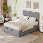 Lit coffre 140x190, cadre de lit double rembourré avec sommier à lattes en bois et rangement cach, sans matelas, gris