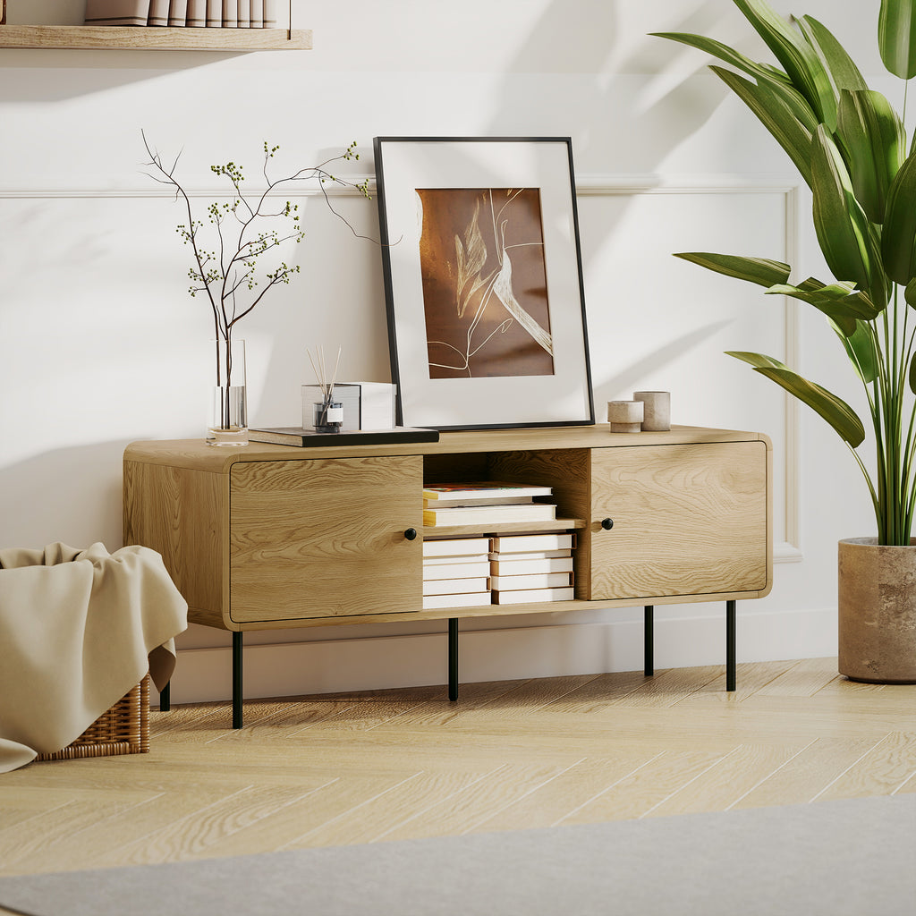Meuble TV, meuble télé jusqu'à 55 pouces avec 2 portes, 2 compartiments ouverts, pieds en acier, 120x40x50cm, chêne