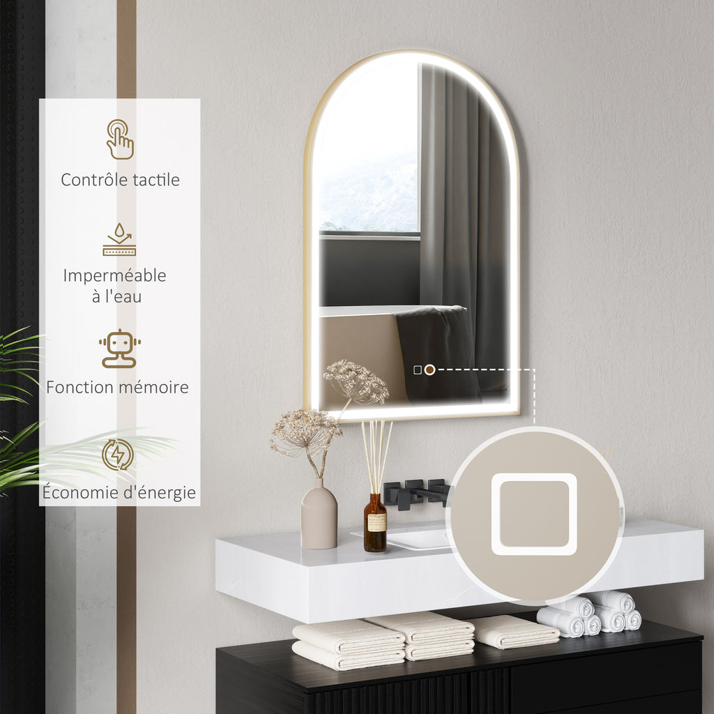 Miroir de salle de bain LED 90 x 60cm, mural, 3 couleurs, arqué cadre en aluminium, désembuage et interrupteur tactile