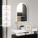 Miroir de salle de bain LED 90 x 60cm, mural, 3 couleurs, arqué cadre en aluminium, désembuage et interrupteur tactile