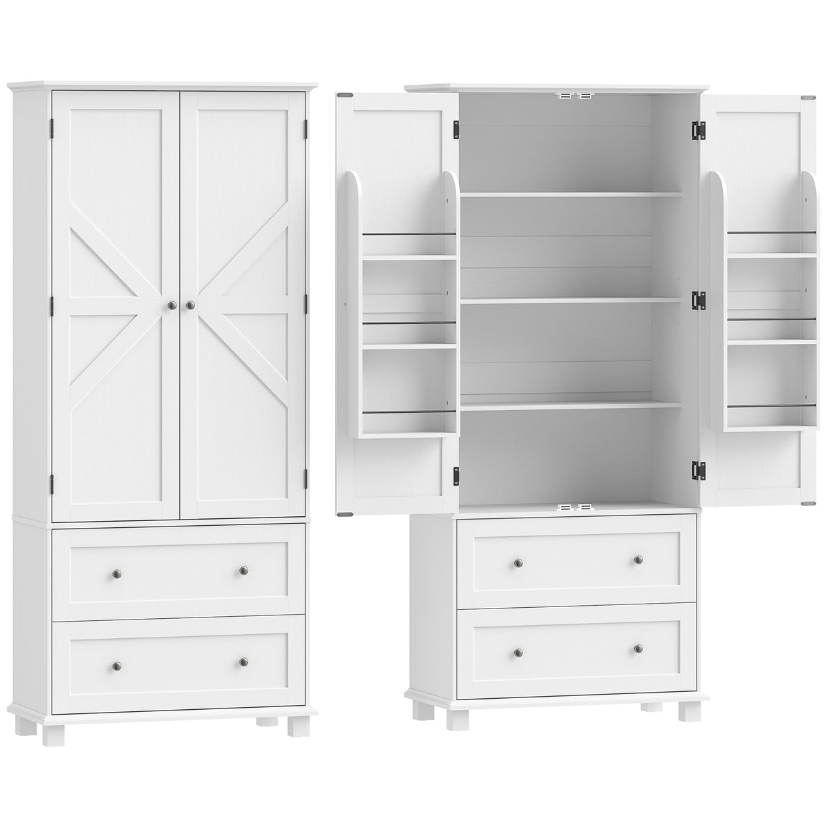 Buffet haut cuisine, armoire de cuisine 2 portes, 2 tiroirs, 6 porte-racks, étagères réglables, 80x39,5x184,5cm, blanc