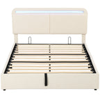 Lit Coffre 140 x 190 cm, LED RGB, Tête Réglable, Cadre de Lit Double Rembourré Velours, Rangement Hydraulique, Crème