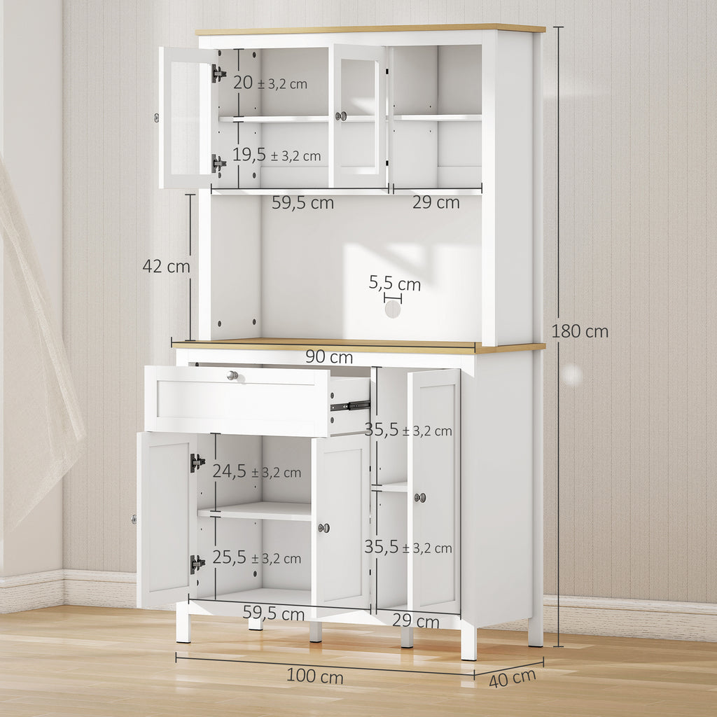 Buffet de cuisine haut 5 portes dont 2 portes vitrées et 1 tiroir, 1 niche centrale - hauteur 180 cm blanc