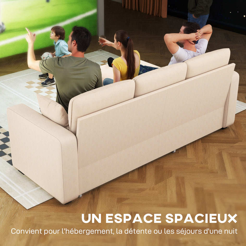 Canapé d'angle convertible en velours côtelé, canapé-lit 3 places avec rangement caché, coussins, 205x135x76cm, beige
