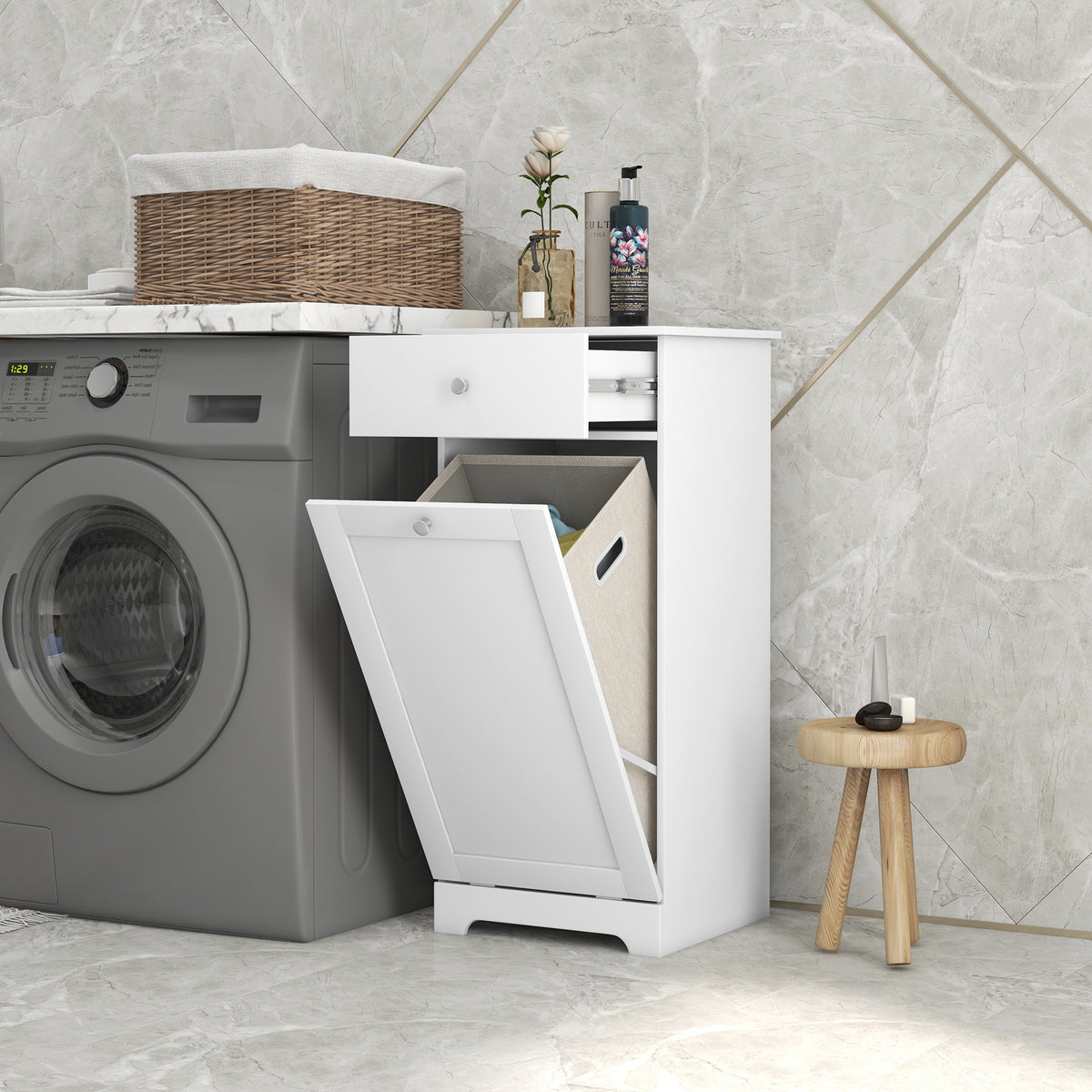 Meuble de salle de bain avec panier à linge, meuble de rangement avec tiroir - 40L x 38l x 90,5H cm - blanc
