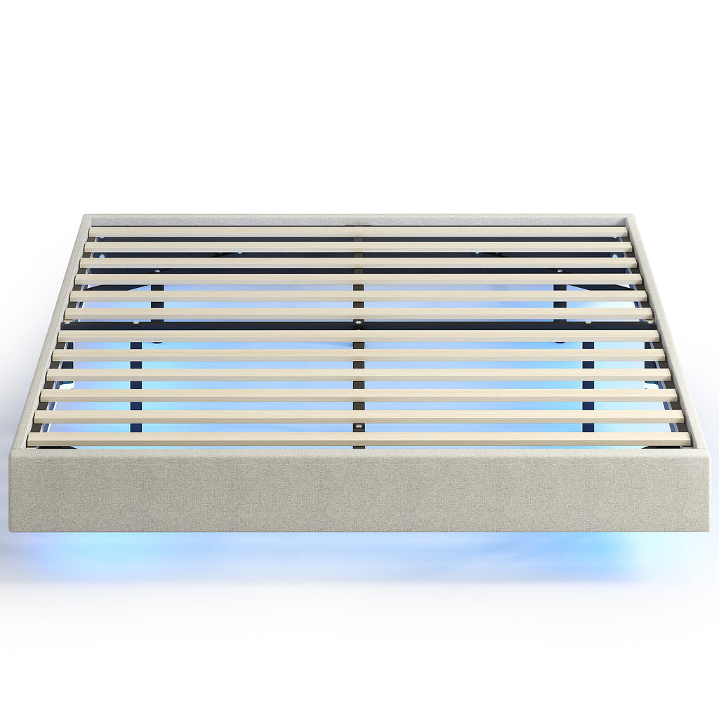Lit Flottant 160 x 200 cm avec Éclairage LED Intelligent, Cadre de Lit Double Rembourré en Lin, Montage Facile, Beige