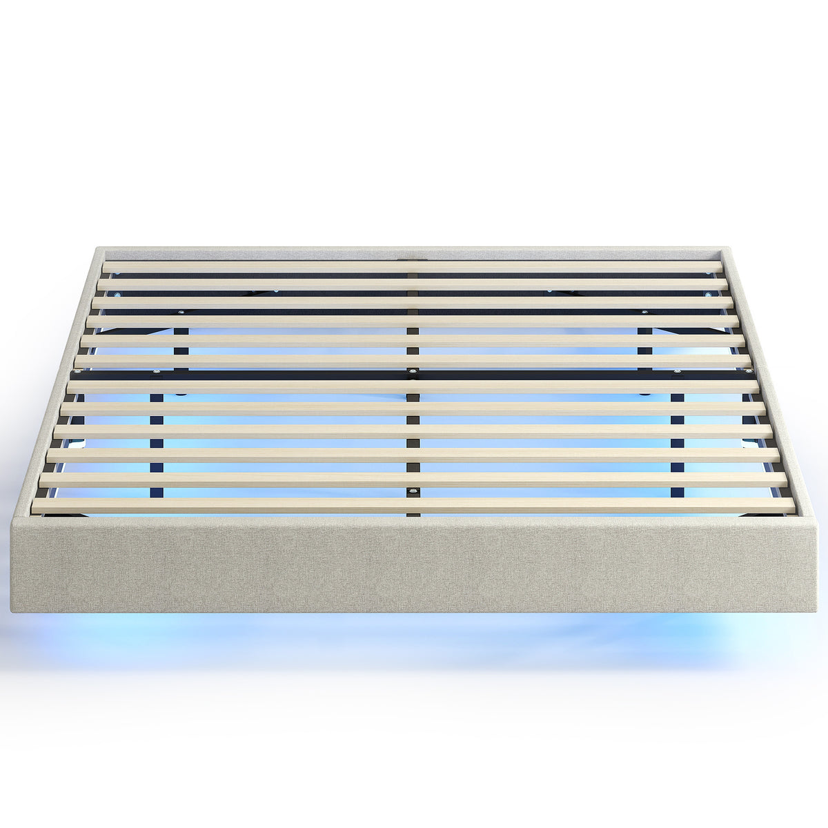 Lit Flottant 160 x 200 cm avec Éclairage LED Intelligent, Cadre de Lit Double Rembourré en Lin, Montage Facile, Beige