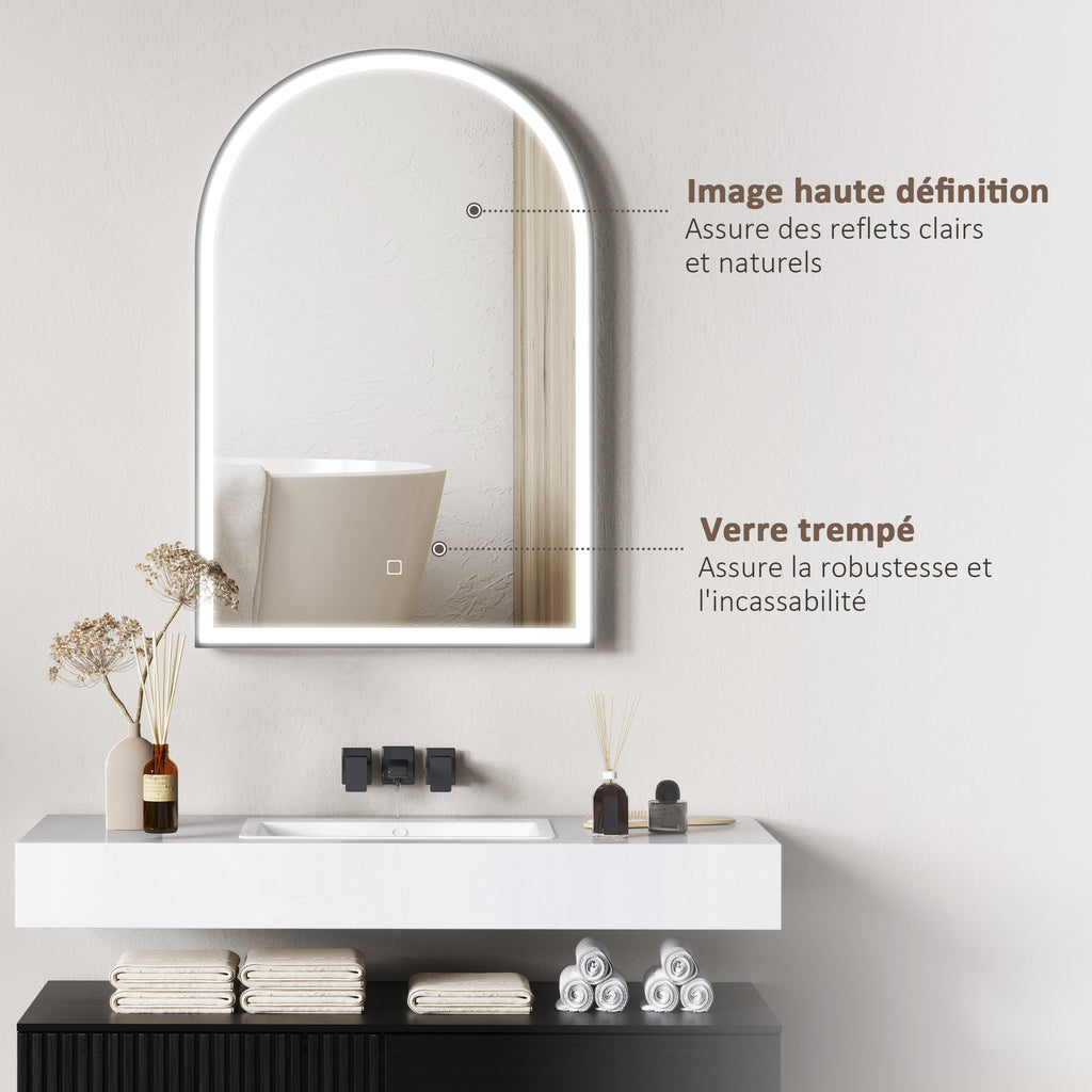 Miroir de salle de bain LED 90 x 60cm, mural, 3 couleurs, arqué cadre en aluminium, désembuage et interrupteur tactile