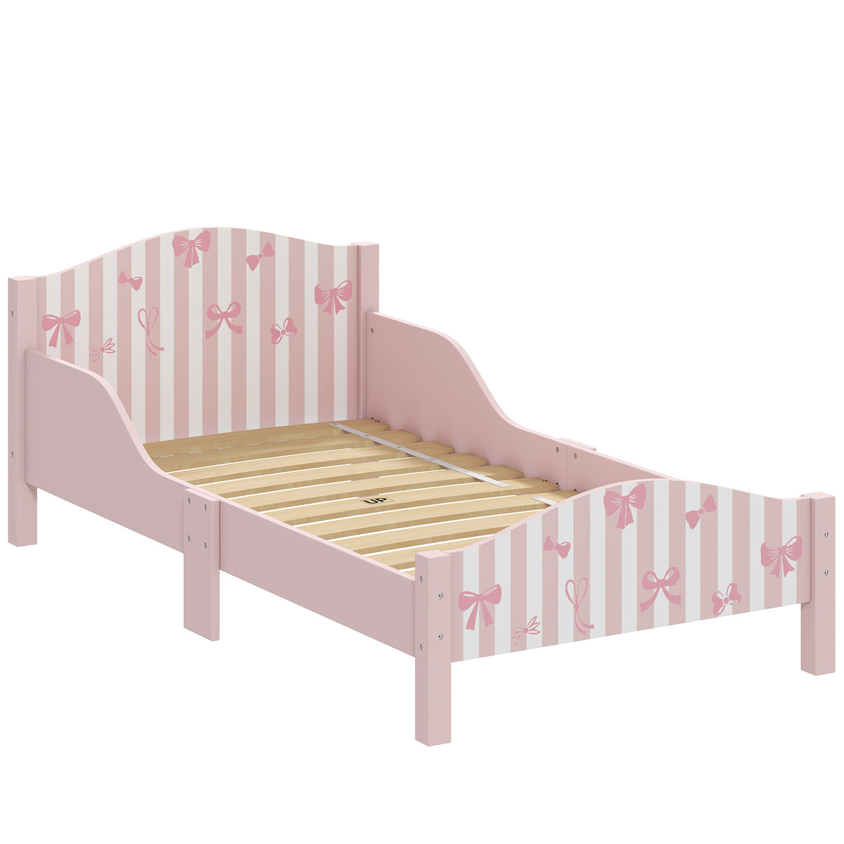 Lit Enfant 70 x 140 cm, Lit pour Enfant avec Barrière de Sécurité et Sommier à Lattes en Bois, Motif Nœud, Rose