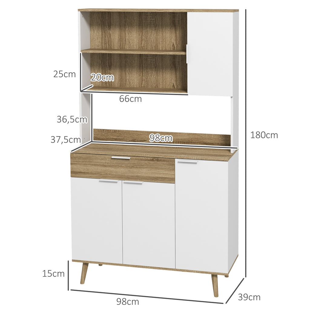 Armoire de cuisine meuble de rangement 4 portes 1 tiroir design scandinave 98 x 39 x 180 cm blanc et naturel