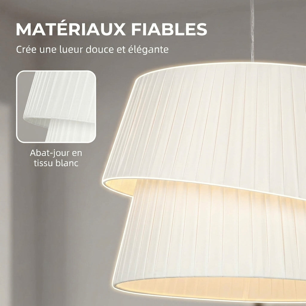 Suspension Luminaire Élégante à Double Abat-Jour, Rosace Dorée, Câble Réglable, Ampoule Non Incluse E14 40 W, Blanc