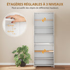 Buffet haut cuisine, armoire de cuisine, 4 portes à fermeture douce et étagères réglables, 68x34x180cm, blanc brillant