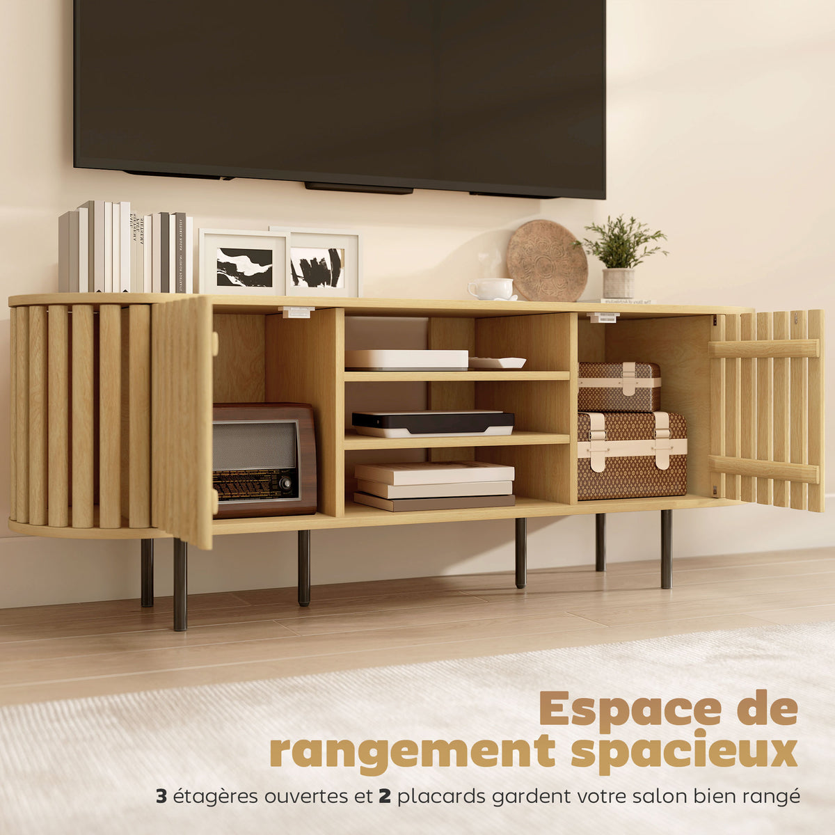 Meuble TV, meuble télé pour téléviseur 60 pouces, 2 portes à lattes, 140x40x52cm, bois naturel