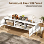 Meuble TV, meuble télé jusqu'à 65 pouces avec 2 portes, 2 compartiments ouverts, pieds en acier, 140x38x45,9cm, blanc