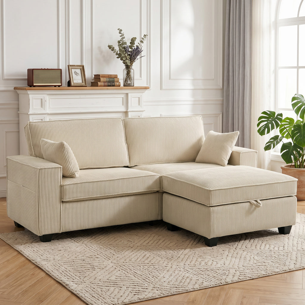 Canapé 3 Places avec Pouf de Rangement, Canapé d'Angle en Velours Côtelé, Assise Large, 2 Coussins, Beige