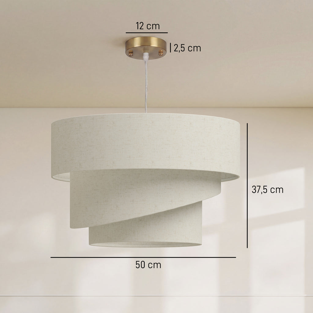 Suspension Luminaire à 3 Abat-Jour Effet Lin, Ampoule Non Incluse E14 40 W, Câble Réglable, Rosace Dorée, Beige