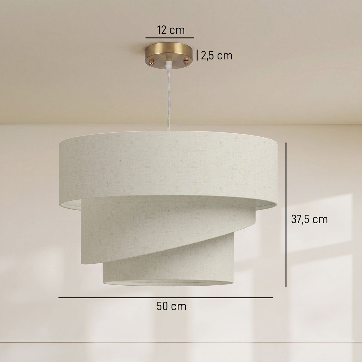 Suspension Luminaire à 3 Abat-Jour Effet Lin, Ampoule Non Incluse E14 40 W, Câble Réglable, Rosace Dorée, Beige
