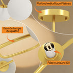 Plafonnier lustre moderne, luminaire plafonnier à 5 lumières avec culot G9, montage semi-affleurant, doré et blanc