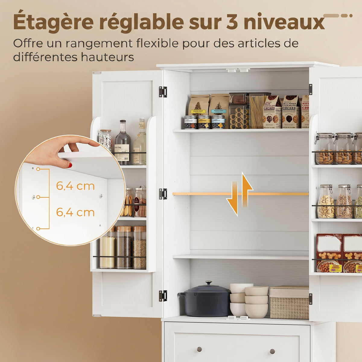 Buffet haut cuisine, armoire de cuisine 2 portes, 2 tiroirs, 6 porte-racks, étagères réglables, 80x39,5x184,5cm, blanc