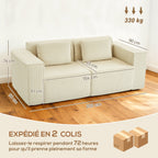 Canapé 3 places en velours côtelé, canapé rembourré, larges accoudoirs, 2 coussins, pas de montage, 202x90x76cm, beige