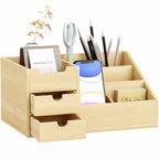 Boite de Rangement de Bureau - Organiseur de Bureau - 7 Compartiments, 2 tiroirs - Bambou Verni, Bambou