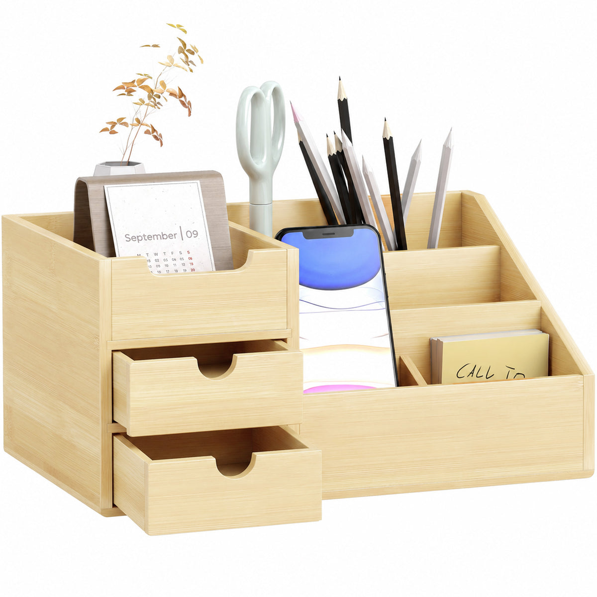 Boite de Rangement de Bureau - Organiseur de Bureau - 7 Compartiments, 2 tiroirs - Bambou Verni, Bambou