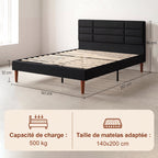 Cadre de Lit 140 x 200 cm avec Sommier Bois, Lit Double Rembourré en Effet Lin, Rangement au-dessous, Sans Bruit, Noir