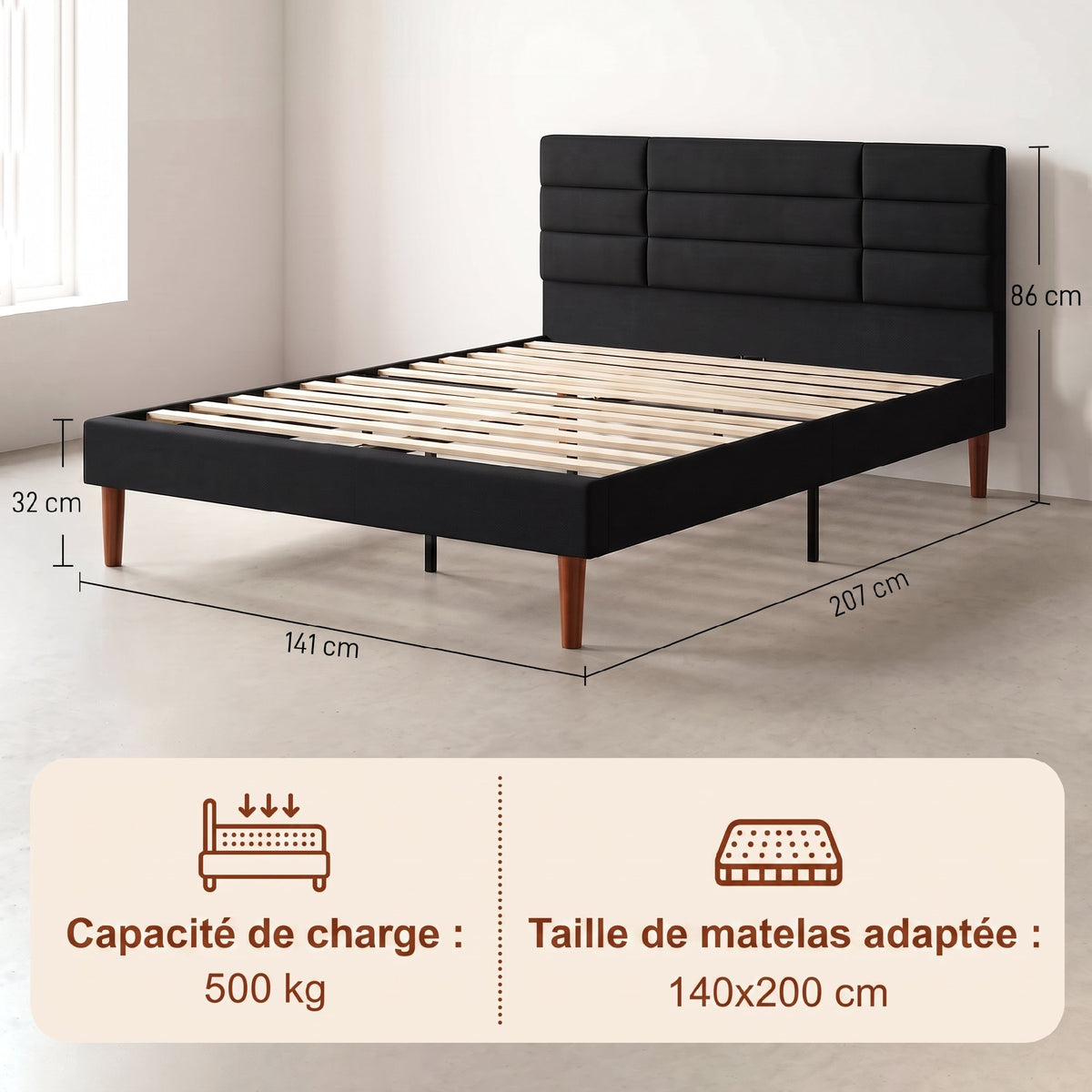 Cadre de Lit 140 x 200 cm avec Sommier Bois, Lit Double Rembourré en Effet Lin, Rangement au-dessous, Sans Bruit, Noir