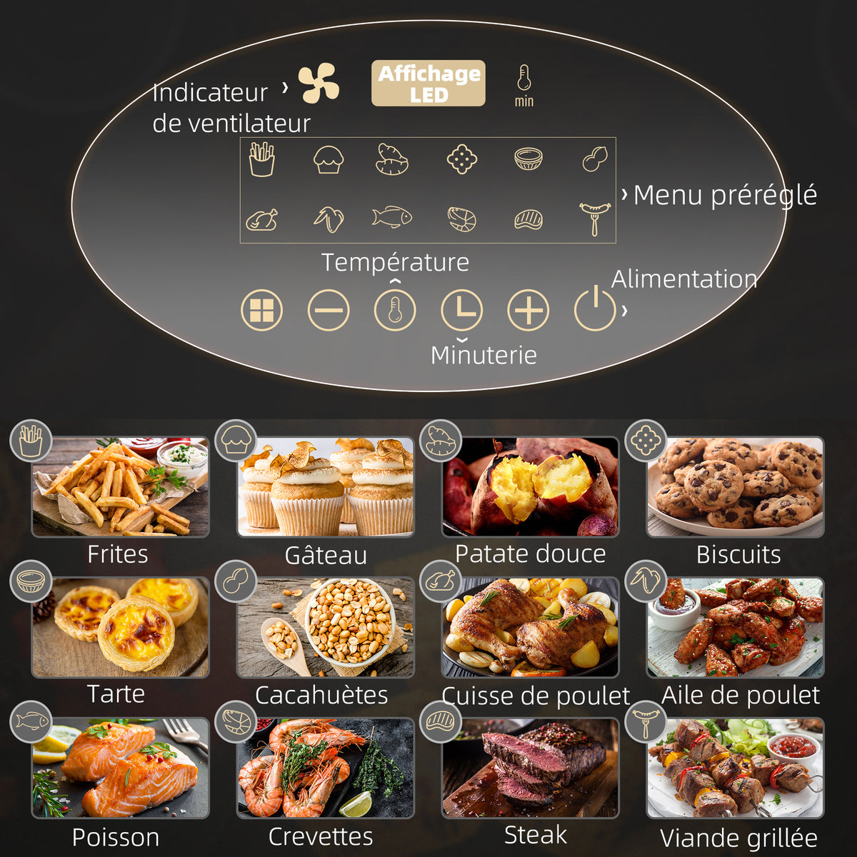 Friteuse sans huile 4 L, air fryer 1300 W 12 programmes, écran tactile, température réglable, panier antiadhésif, noir