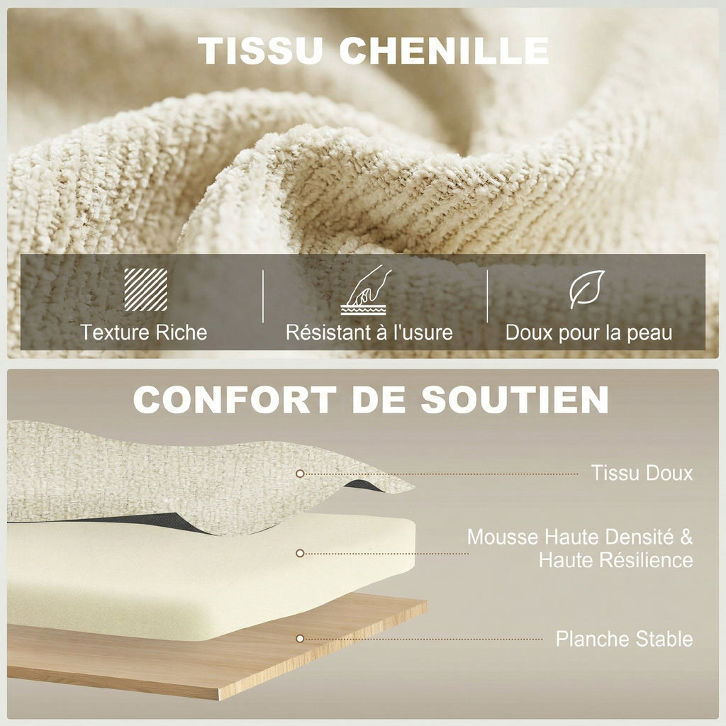 Canapé convertible 2 places 3 en 1, canapé-lit clic clac en chenille avec dossier réglable, porte-gobelets, beige