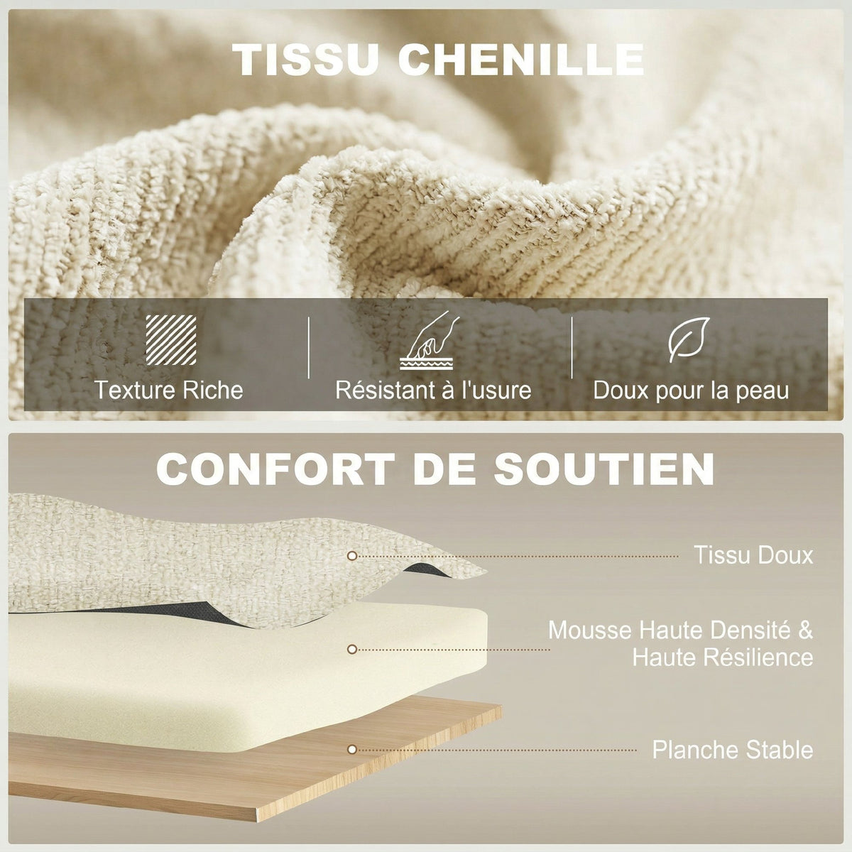 Canapé convertible 2 places 3 en 1, canapé-lit clic clac en chenille avec dossier réglable, porte-gobelets, beige