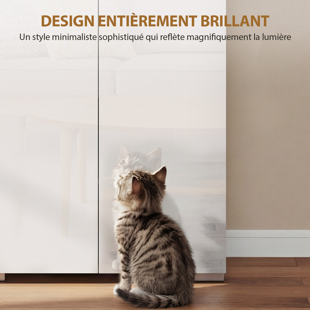 Buffet haut cuisine, armoire de cuisine, 4 portes à fermeture douce et étagères réglables, 68x34x180cm, blanc brillant