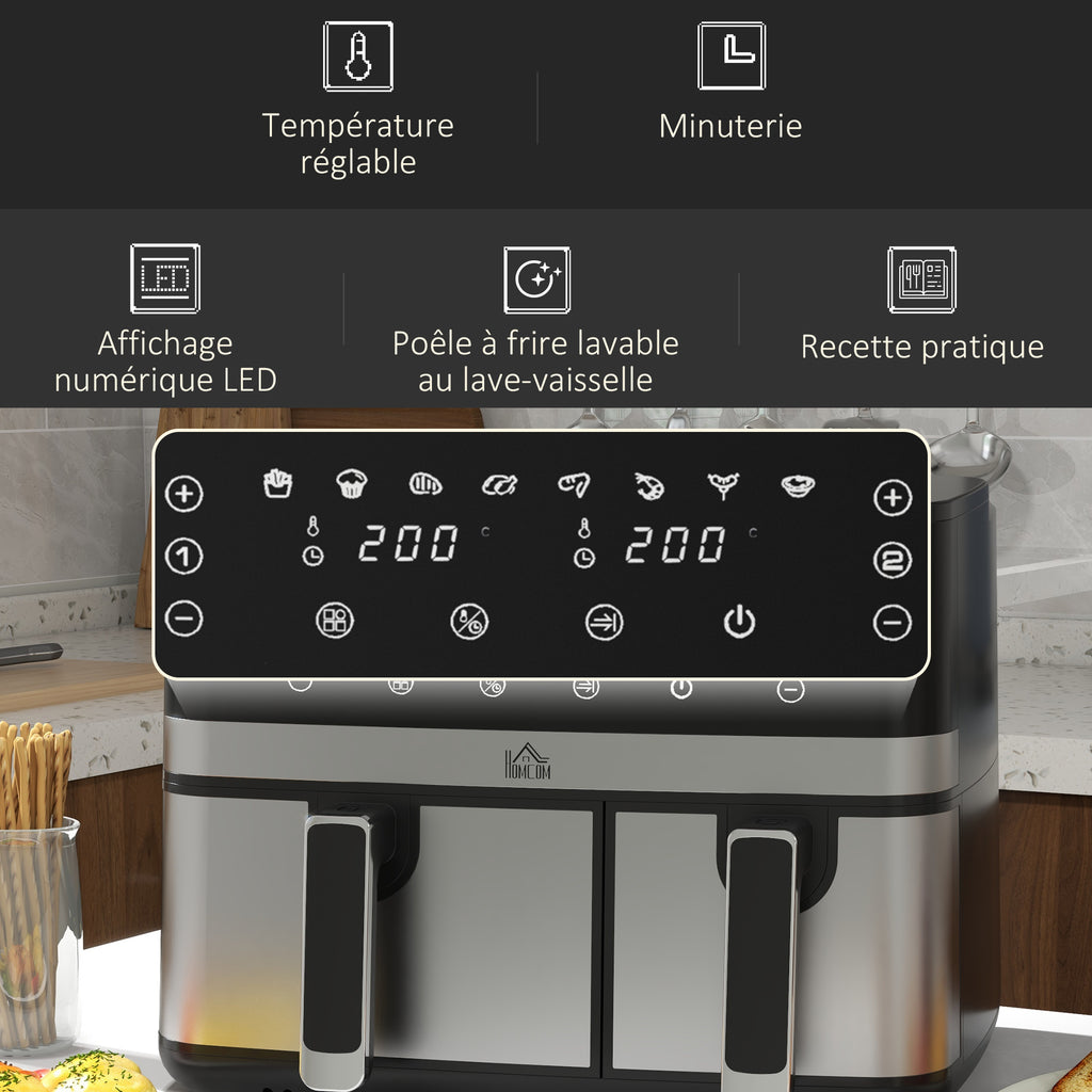 Friteuse à air sans huile, Air Fryer, double compartiment 8,5 L, 2700 W - 8 programmes, température réglable, minuterie
