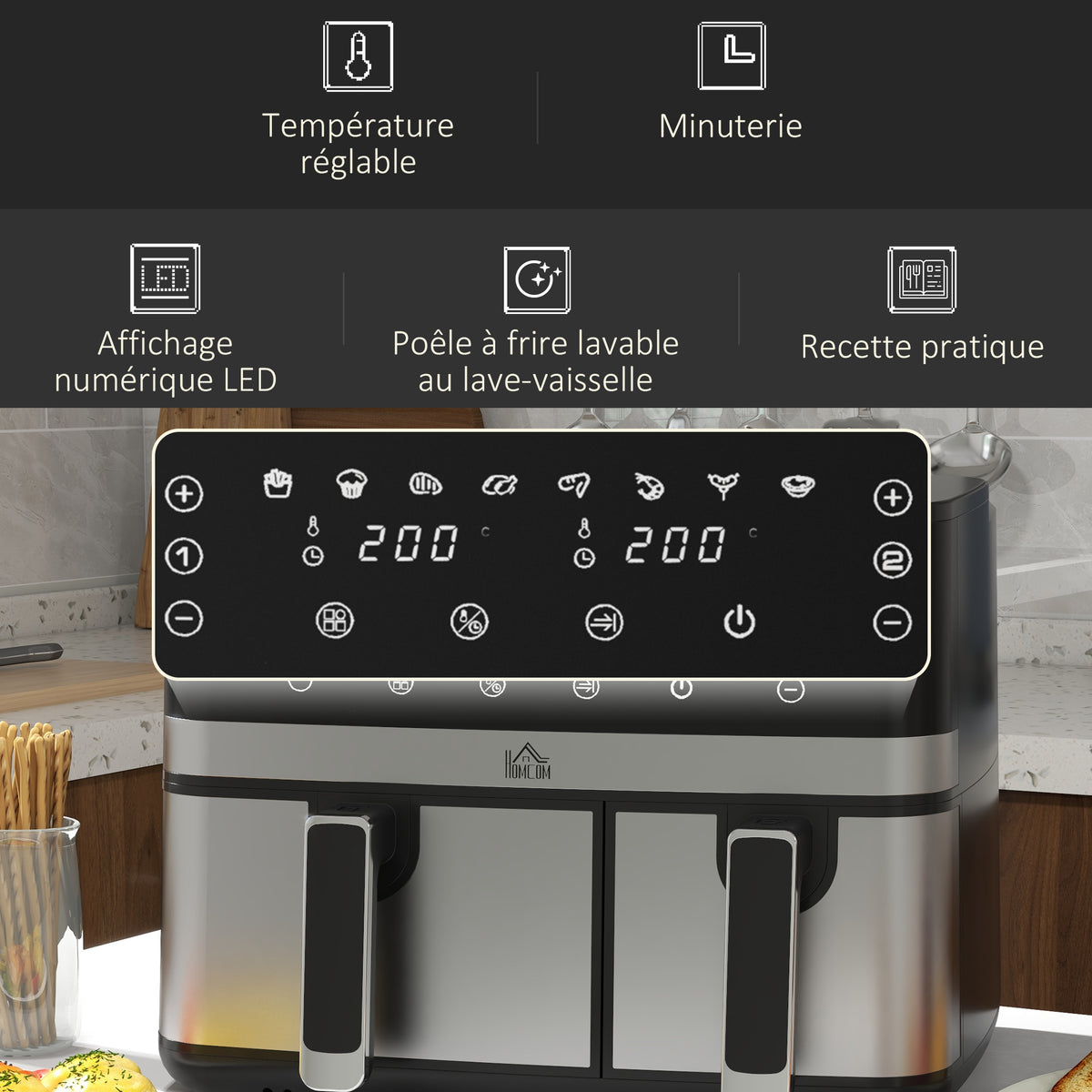 Friteuse à air sans huile, Air Fryer, double compartiment 8,5 L, 2700 W - 8 programmes, température réglable, minuterie