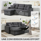 Canapé d'angle convertible en velours côtelé, canapé-lit 3 places avec rangement caché, coussins, 205x135x76cm, gris