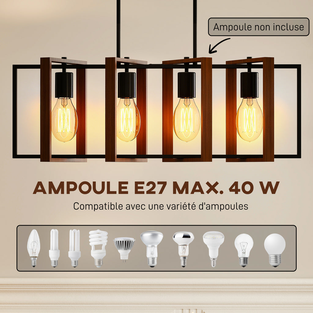 Suspension luminaire moderne, lustre plafonnier avec 4 cadres rotatifs et hauteur réglable, 80 x 21 x 90-130 cm, noyer