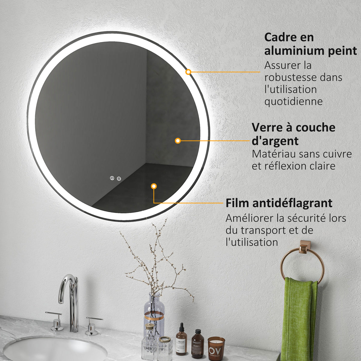 Miroir rond lumineux LED de salle de bain Ø 80 cm mural avec éclairage 3 couleurs interrupteur tactile 46W blanc argent