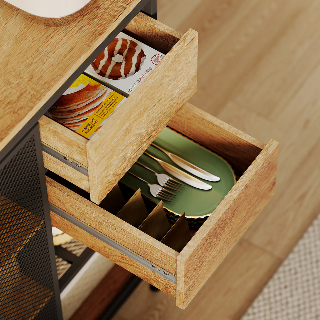 Buffet, armoire de cuisine, plan de travail, porte coulissante, tiroirs et étagères ouvertes, 60x40x180cm, bois naturel