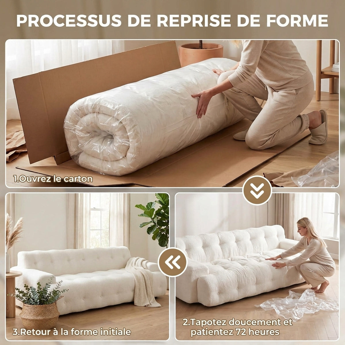 Canapé 3 Places en Chenille 211 cm, Canapé Salon, Assise Profonde, Entièrement Compressé Sans Montage, Crème