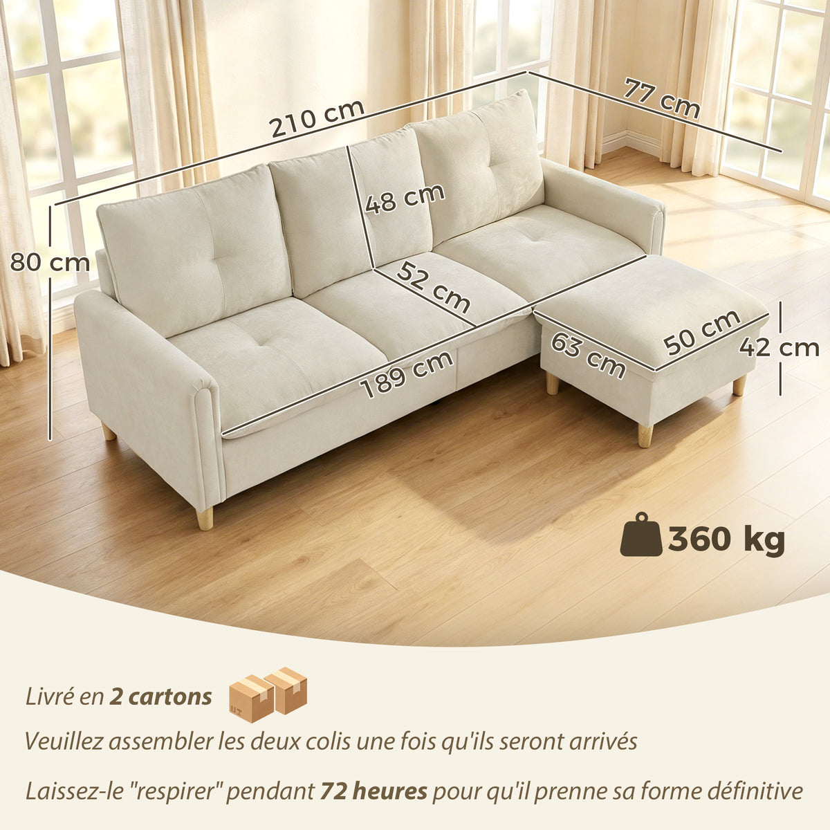 Canapé 3 places avec pouf de rangement, canapé d'angle modulable 210 cm, assise large, tissu aspect lin, crème
