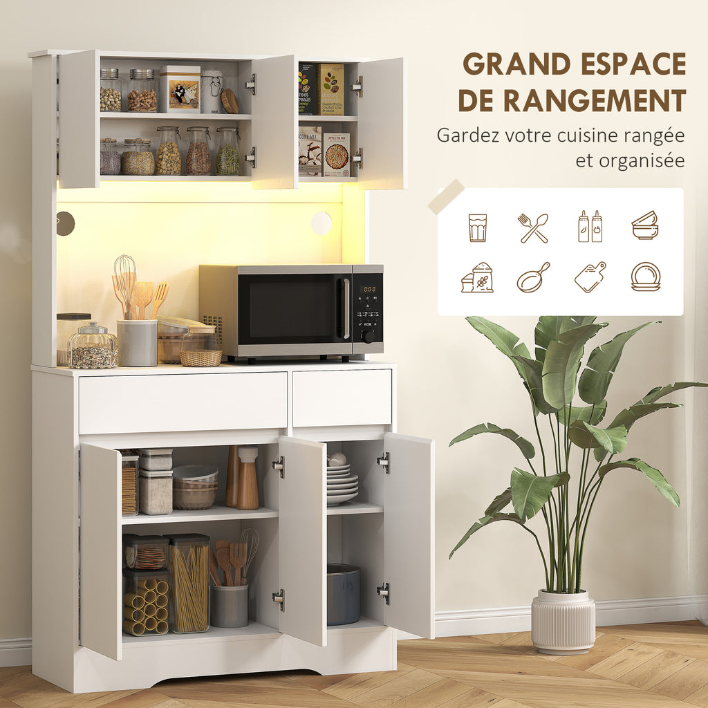 Buffet cuisine meuble cuisine rangement haut avec lumière LED RGB, plan de travail, 6 portes, 2 tiroirs, blanc