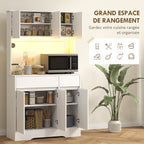 Buffet cuisine meuble cuisine rangement haut avec lumière LED RGB, plan de travail, 6 portes, 2 tiroirs, blanc