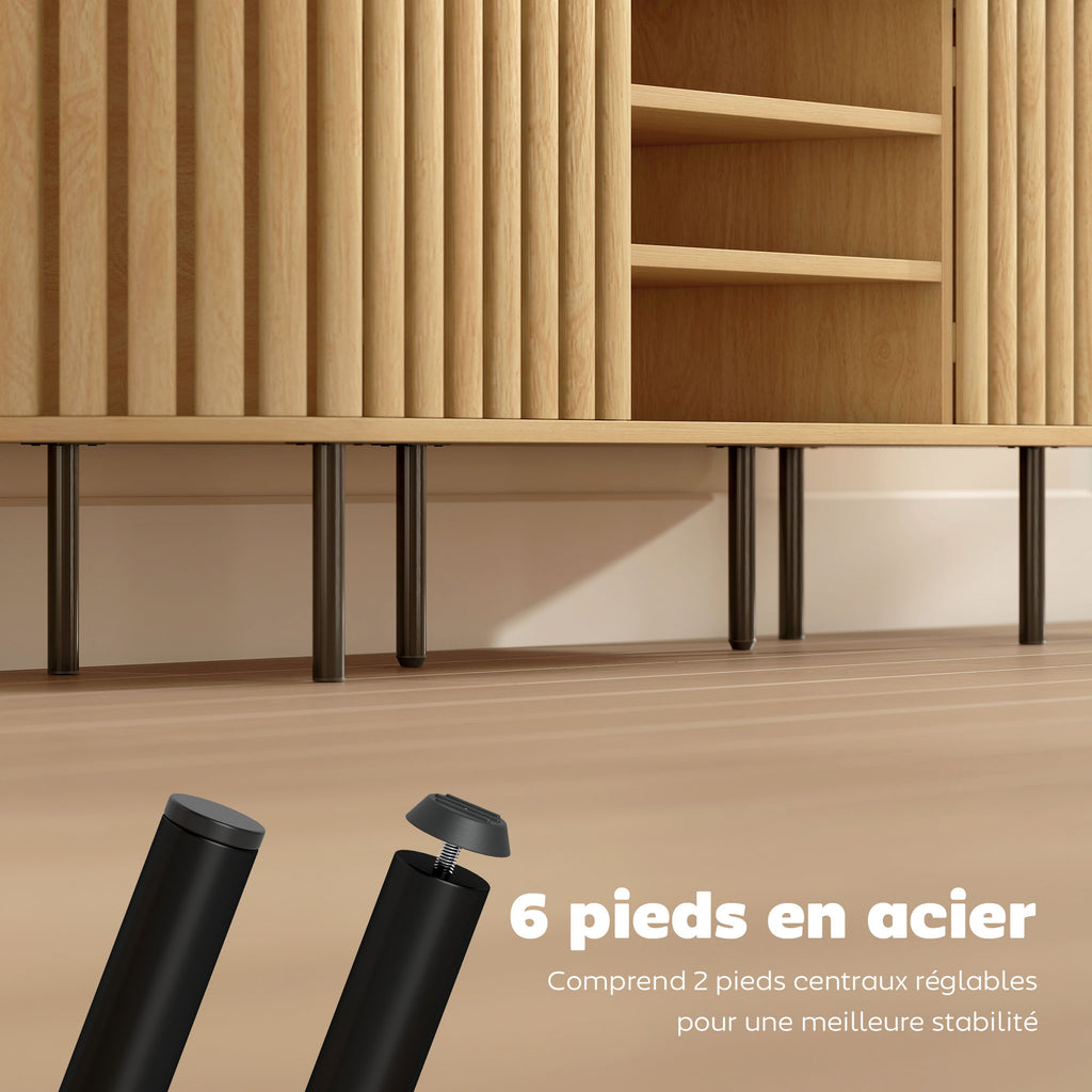 Meuble TV, meuble télé pour téléviseur 60 pouces, 2 portes à lattes, 140x40x52cm, bois naturel