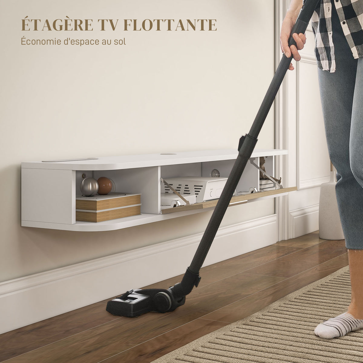 Meuble TV mural banc TV jusqu'à 50 pouces avec compartiments ouverts et armoire à porte rabattable blanc