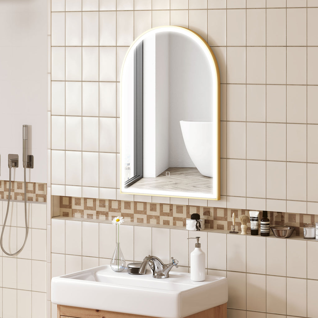 Miroir de salle de bain LED 90 x 60cm, mural, 3 couleurs, arqué cadre en aluminium, désembuage et interrupteur tactile