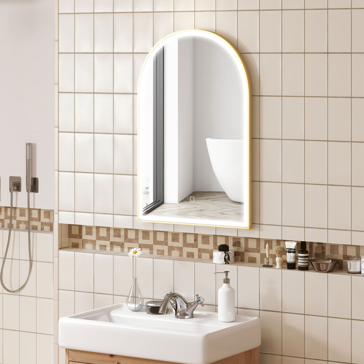 Miroir de salle de bain LED 90 x 60cm, mural, 3 couleurs, arqué cadre en aluminium, désembuage et interrupteur tactile