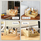 Boite de Rangement de Bureau - Organiseur de Bureau - 7 Compartiments, 2 tiroirs - Bambou Verni, Bambou