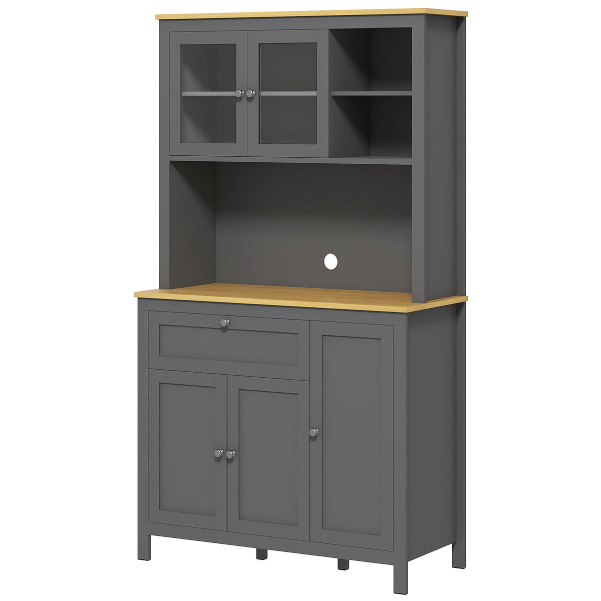 Armoire de cuisine buffet cuisine 5 portes dont 2 portes vitrées et 1 tiroir, 1 niche centrale - hauteur 180 cm gris